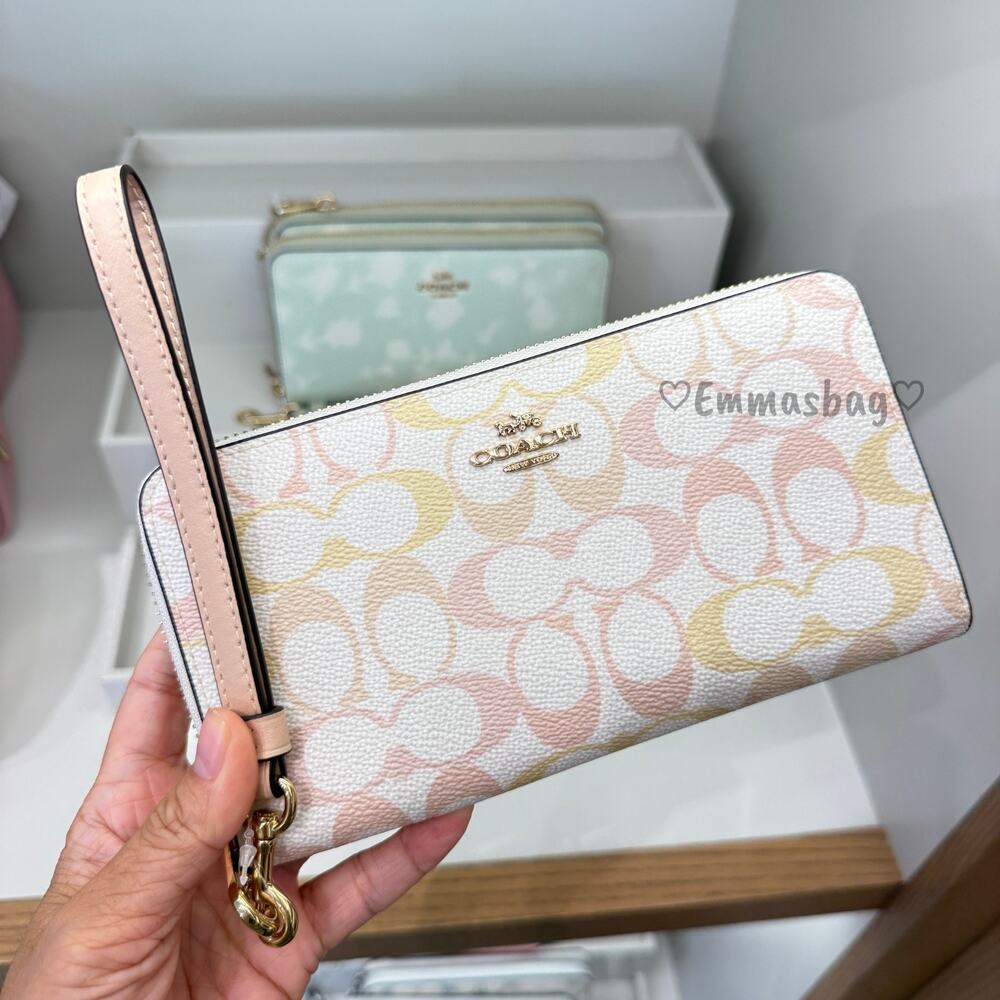 Coach Long Zip Around Wallet In Pretty Signature Canvas CEC22 Gold/Chalk/Pink